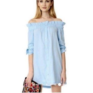 MinkPink XS Blue On Off Shoulder Long Rolltab Sleeve Mini Dress